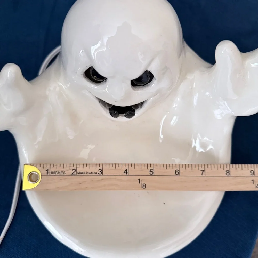 Vintage 90s Halloween Ghost Candy Bowl Light Up  Ceramic White Spooky Boo Decor